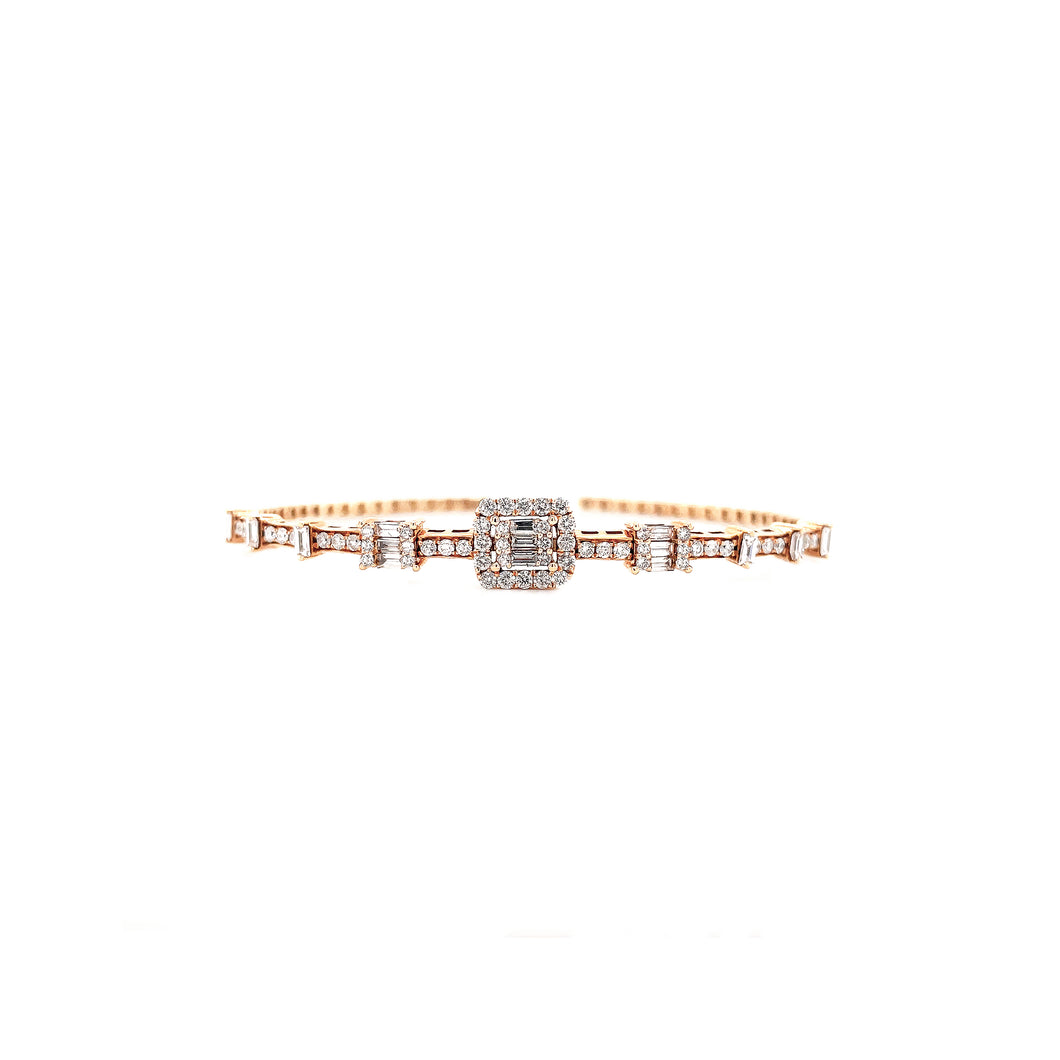 ALAIA BAGUETTE AND ROUND DIAMOND OPEN BANGLE ROSE GOLD